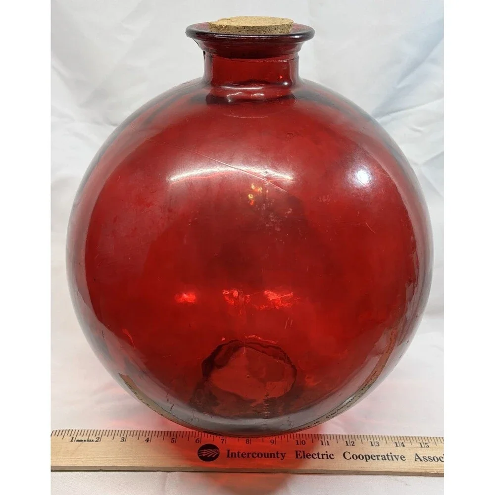 VTG 16” Vidrios Miguel Spain Recycled Glass Ruby Red Balloon Floor Vase MCM